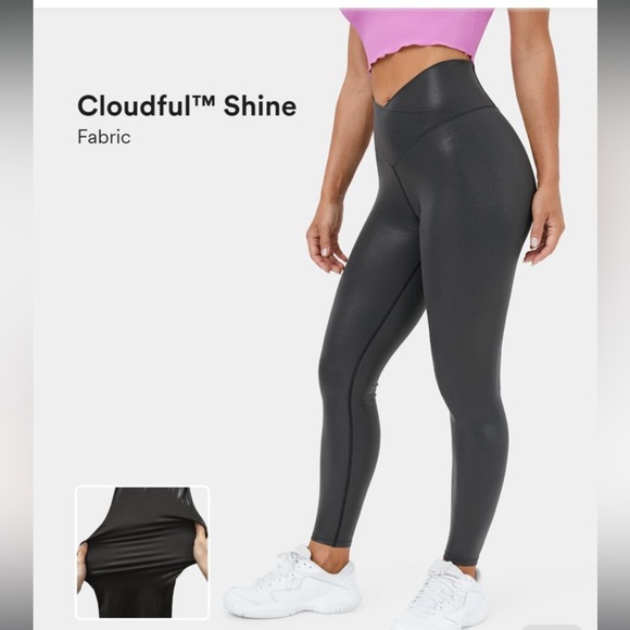 Cloudful Shine Fabric Crossover Back Pocket Foil Print Faux Leather Leggings - Picture 11 of 11